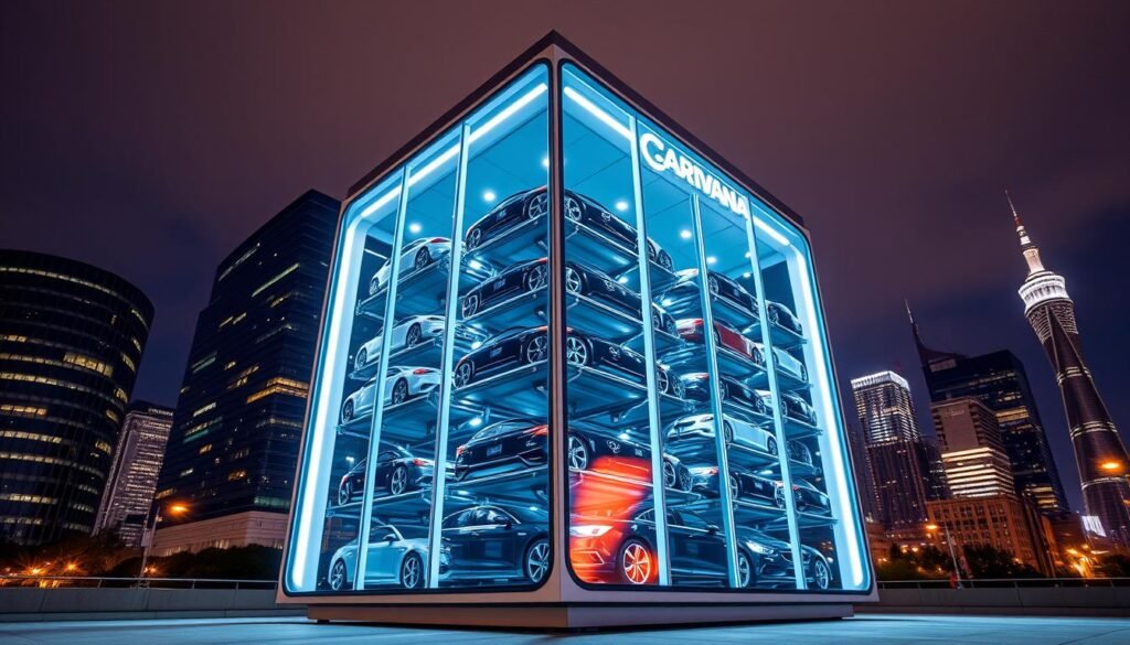 A modern, gleaming Carvana car vending machine stands prominently against a backdrop of a bustling city skyline. The structure's sleek, glass-enclosed design showcases an array of shiny, well-maintained vehicles stacked in a mesmerizing vertical display. Ambient lighting from the city illuminates the machine, creating a sense of excitement and futuristic appeal. The camera angle captures the machine from a low perspective, emphasizing its imposing presence and the variety of car models visible through the transparent panels. The overall scene conveys a sense of convenience, accessibility, and the streamlined car-buying experience Carvana offers. A modern, gleaming Carvana car vending machine stands prominently against a backdrop of a bustling city skyline. The structure's sleek, glass-enclosed design showcases an array of shiny, well-maintained vehicles stacked in a mesmerizing vertical display. Ambient lighting from the city illuminates the machine, creating a sense of excitement and futuristic appeal. The camera angle captures the machine from a low perspective, emphasizing its imposing presence and the variety of car models visible through the transparent panels. The overall scene conveys a sense of convenience, accessibility, and the streamlined car-buying experience Carvana offers.