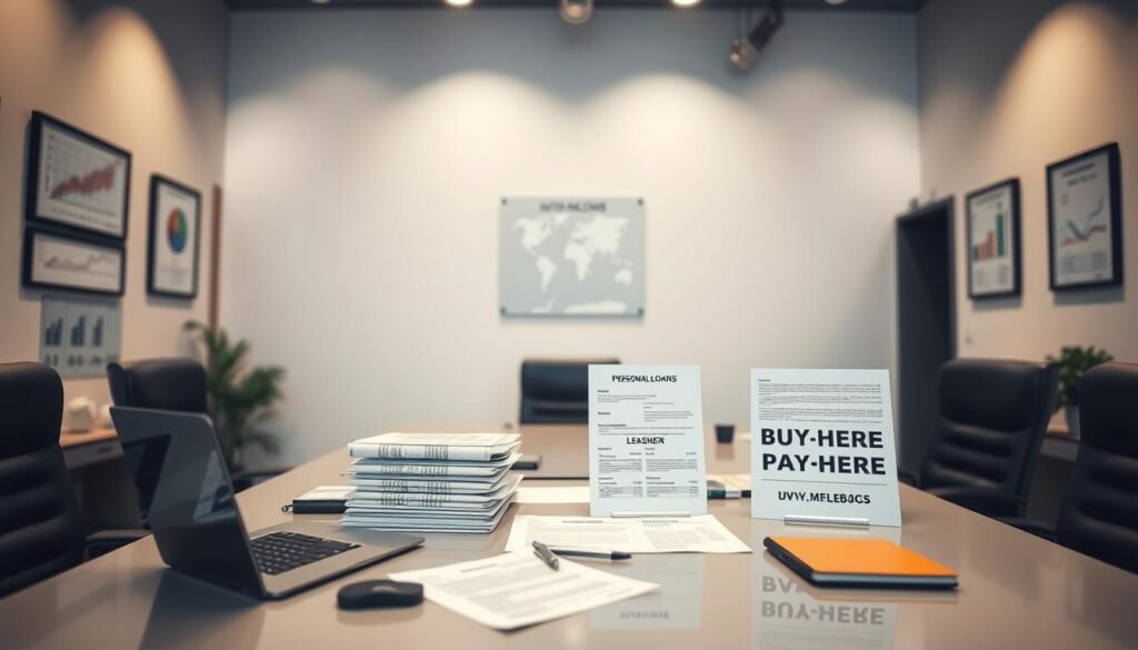 A modern, well-lit office interior with a large desk at the center. On the desk, various financial documents, a laptop, and a selection of alternative auto financing options, including personal loans, leasing agreements, and buy-here-pay-here plans. The walls are adorned with framed financial charts and graphs, creating a professional, authoritative atmosphere. Soft, diffuse lighting illuminates the scene, casting subtle shadows and highlighting the details of the documents and devices. The camera angle is slightly elevated, providing a comprehensive view of the desk and its contents, emphasizing the variety of financing alternatives available. A modern, well-lit office interior with a large desk at the center. On the desk, various financial documents, a laptop, and a selection of alternative auto financing options, including personal loans, leasing agreements, and buy-here-pay-here plans. The walls are adorned with framed financial charts and graphs, creating a professional, authoritative atmosphere. Soft, diffuse lighting illuminates the scene, casting subtle shadows and highlighting the details of the documents and devices. The camera angle is slightly elevated, providing a comprehensive view of the desk and its contents, emphasizing the variety of financing alternatives available.