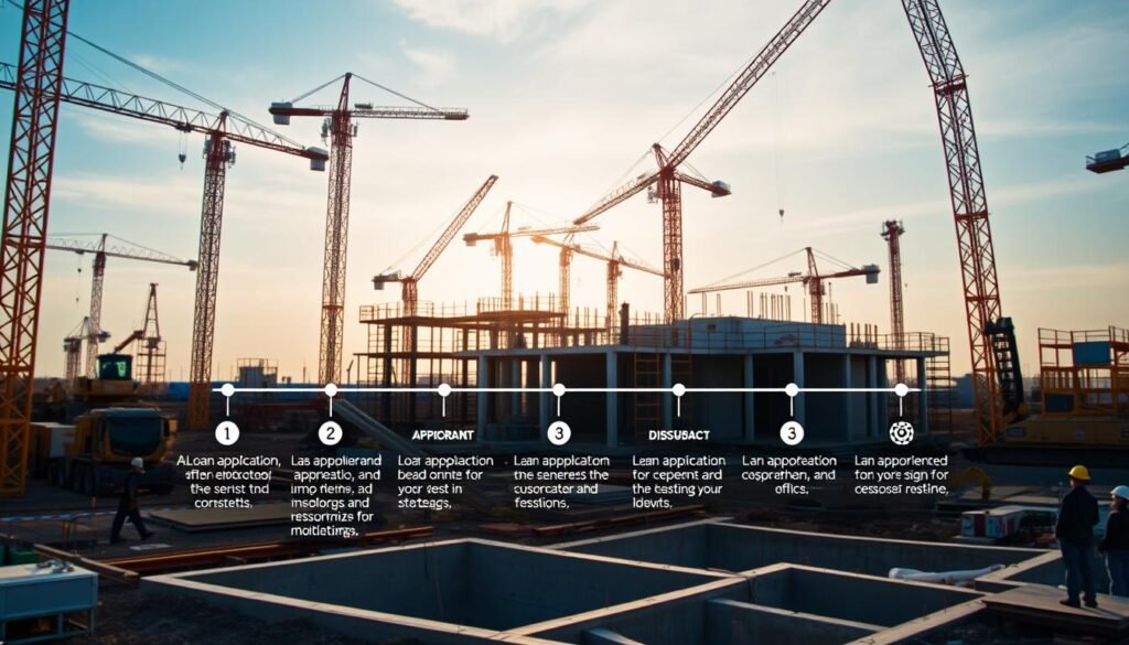A construction site surrounded by cranes, scaffolding, and heavy machinery, with workers in hard hats diligently moving about. In the foreground, a detailed step-by-step diagram illustrates the key stages of the construction loan process, including loan application, approval, disbursement, and project monitoring. The middle ground showcases the construction progress, with concrete foundations being poured and walls taking shape. The background features a clear, blue sky with soft, diffused lighting, creating a sense of progress and optimism. The overall scene conveys the complexity and coordination required to navigate the construction loan process successfully.