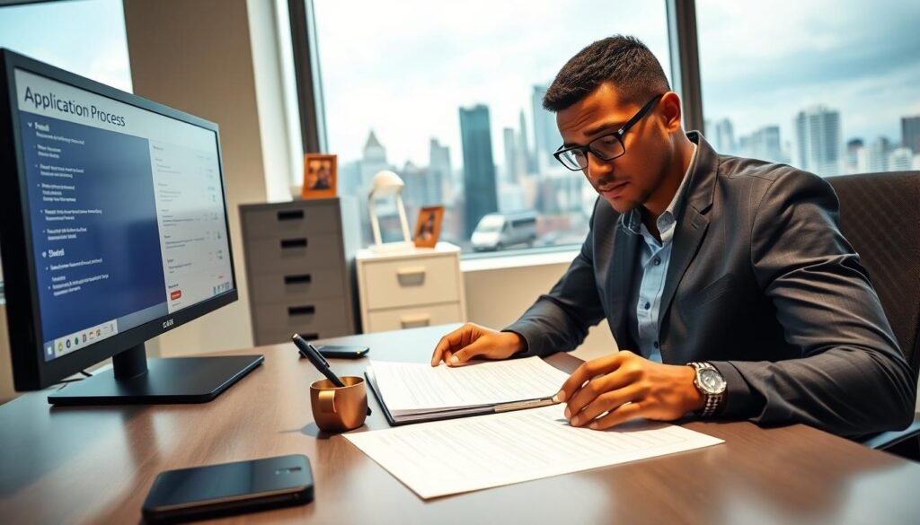 A modern, well-lit office setting with a single parent sitting at a desk, diligently filling out a loan application form. The foreground features the parent's hands on the paperwork, a pen poised, brow furrowed in concentration. In the middle ground, a computer monitor displays the application process details, while a filing cabinet and family photos on the desk provide a sense of the parent's personal situation. The background showcases a large window overlooking a bustling city skyline, conveying a professional yet warm atmosphere. The lighting is soft and flattering, creating a sense of focus and determination. The overall scene conveys the challenges and responsibilities of a single parent navigating the loan application process.