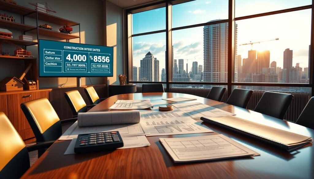 A visually striking interior scene with a conference table as the focal point. The table is adorned with architectural plans, financial documents, and a calculator, illuminated by warm, directional lighting from a large window overlooking a bustling cityscape in the background. The walls are lined with shelves displaying construction models, and a computer monitor displays relevant statistics and interest rate factors. The overall atmosphere is one of thoughtful analysis and deliberation, capturing the key considerations that go into determining construction loan interest rates.