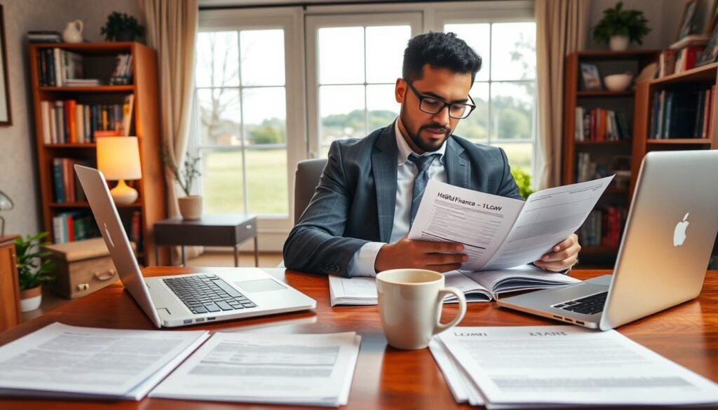 Prompt A cozy home office filled with warm lighting and a welcoming atmosphere. In the foreground, a laptop, paperwork, and a mug of coffee sit on a polished wooden desk. In the middle ground, a single parent, dressed professionally, pores over various loan documents and brochures, their expression thoughtful and focused. The background depicts a bookshelf filled with helpful finance guides and a large window overlooking a serene suburban landscape, suggesting a sense of tranquility and possibility. The overall scene conveys a sense of diligence, careful consideration, and the pursuit of financial stability for a single parent's personal needs.
