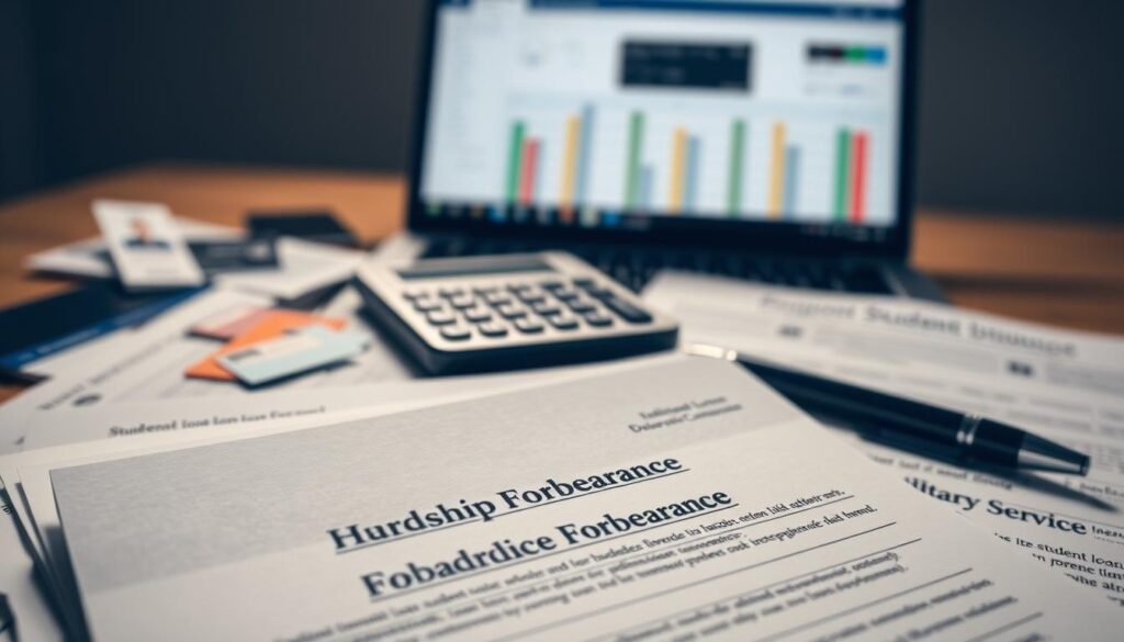 A brightly lit, macro-style photograph of various types of student loan forbearance documents and paperwork. In the foreground, a stack of official government forms with titles like "Hardship Forbearance" and "Military Service Forbearance". In the middle ground, a calculator, pen, and a few student ID cards. In the background, a blurred image of a laptop screen displaying a student loan dashboard. The overall scene conveys a sense of diligence and attention to detail, with a muted color palette and soft, even lighting to emphasize the importance and seriousness of the subject matter. A brightly lit, macro-style photograph of various types of student loan forbearance documents and paperwork. In the foreground, a stack of official government forms with titles like "Hardship Forbearance" and "Military Service Forbearance". In the middle ground, a calculator, pen, and a few student ID cards. In the background, a blurred image of a laptop screen displaying a student loan dashboard. The overall scene conveys a sense of diligence and attention to detail, with a muted color palette and soft, even lighting to emphasize the importance and seriousness of the subject matter.