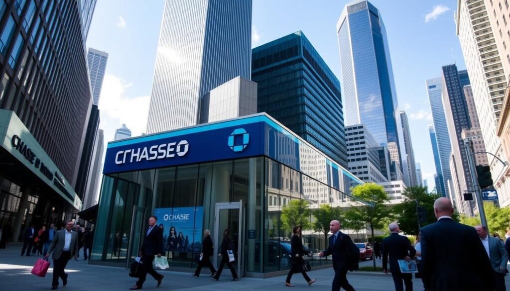 A bustling financial district on a sunny day, with sleek high-rise buildings and a modern cityscape in the background. In the foreground, a prominent Chase bank branch stands out, its glass facade reflecting the sky. Customers enter and exit the bank, carrying folders and briefcases, suggesting a range of financial services beyond personal loans, such as credit cards, mortgages, and investment products. The scene conveys a sense of professionalism, efficiency, and the diverse financial offerings available from Chase, complementing the article's focus on the bank's credit products. A bustling financial district on a sunny day, with sleek high-rise buildings and a modern cityscape in the background. In the foreground, a prominent Chase bank branch stands out, its glass facade reflecting the sky. Customers enter and exit the bank, carrying folders and briefcases, suggesting a range of financial services beyond personal loans, such as credit cards, mortgages, and investment products. The scene conveys a sense of professionalism, efficiency, and the diverse financial offerings available from Chase, complementing the article's focus on the bank's credit products.