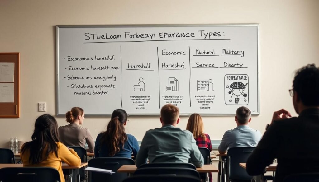 A classroom setting with a whiteboard or chalkboard in the background, depicting various types of student loan forbearance. In the foreground, a group of diverse students sitting at desks, engaged in discussion or studying materials related to loan repayment options. Soft, warm lighting illuminates the scene, creating a contemplative atmosphere. The middle ground features visual aids or infographics illustrating the different forbearance categories, such as economic hardship, military service, or natural disaster. The overall composition conveys a sense of educational exploration and financial responsibility.