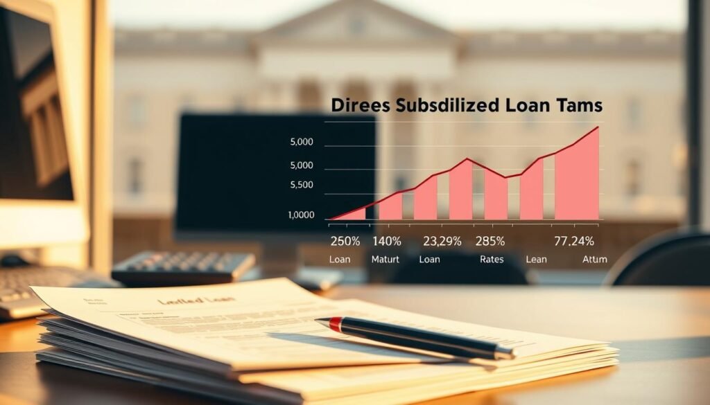 A clean, crisp illustration of federal direct subsidized loans. In the foreground, a stack of student loan documents in warm natural lighting, with a desktop computer, calculator, and pen subtly visible. The middle ground features a sleek, minimalist graph visualizing loan amounts and interest rates, rendered in a stylized, infographic-inspired palette. In the background, a blurred, architectural backdrop suggests the institutional setting, lending an air of professionalism and authority. The overall mood is one of clarity, precision, and educational purpose, suitable for accompanying a section on loan basics.