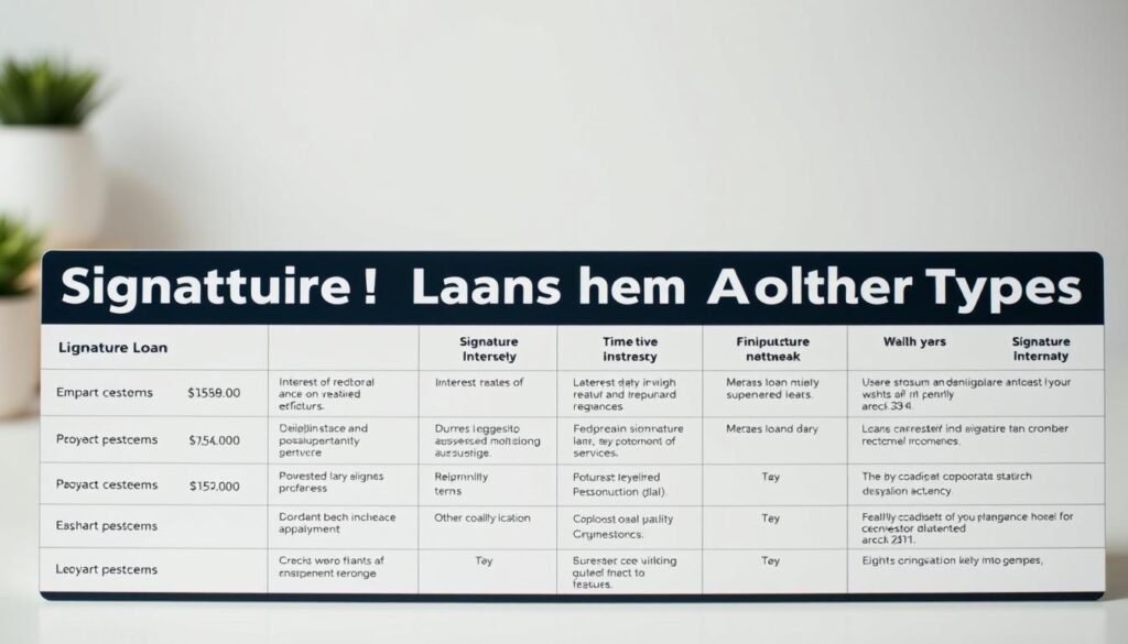 A clean, modern table displaying detailed information about signature loans and other loan types. The table has a sleek, minimalist design with crisp lines and contrasting colors, creating a professional, authoritative atmosphere. The foreground features the loan types arranged in rows, with clear labels and key details like interest rates, repayment terms, and eligibility requirements. The middle ground showcases a refined, high-quality infographic comparing the key features of each loan type. The background is a softly blurred, neutral-toned workspace, emphasizing the informative, analytical nature of the content. A clean, modern table displaying detailed information about signature loans and other loan types. The table has a sleek, minimalist design with crisp lines and contrasting colors, creating a professional, authoritative atmosphere. The foreground features the loan types arranged in rows, with clear labels and key details like interest rates, repayment terms, and eligibility requirements. The middle ground showcases a refined, high-quality infographic comparing the key features of each loan type. The background is a softly blurred, neutral-toned workspace, emphasizing the informative, analytical nature of the content.