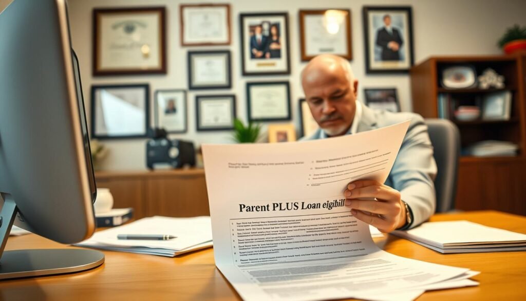 A clean, well-lit office space with a desktop computer and various financial documents on the table. In the foreground, a parent sits at the desk, intently reviewing paperwork labeled "Parent PLUS Loan Eligibility". The background features diplomas, certificates, and framed photos, conveying a sense of academic achievement and family pride. Soft, warm lighting illuminates the scene, creating a professional yet approachable atmosphere. The overall composition emphasizes the importance of understanding the requirements for Parent PLUS Loans, a key financial tool for supporting a child's higher education. A clean, well-lit office space with a desktop computer and various financial documents on the table. In the foreground, a parent sits at the desk, intently reviewing paperwork labeled "Parent PLUS Loan Eligibility". The background features diplomas, certificates, and framed photos, conveying a sense of academic achievement and family pride. Soft, warm lighting illuminates the scene, creating a professional yet approachable atmosphere. The overall composition emphasizes the importance of understanding the requirements for Parent PLUS Loans, a key financial tool for supporting a child's higher education.