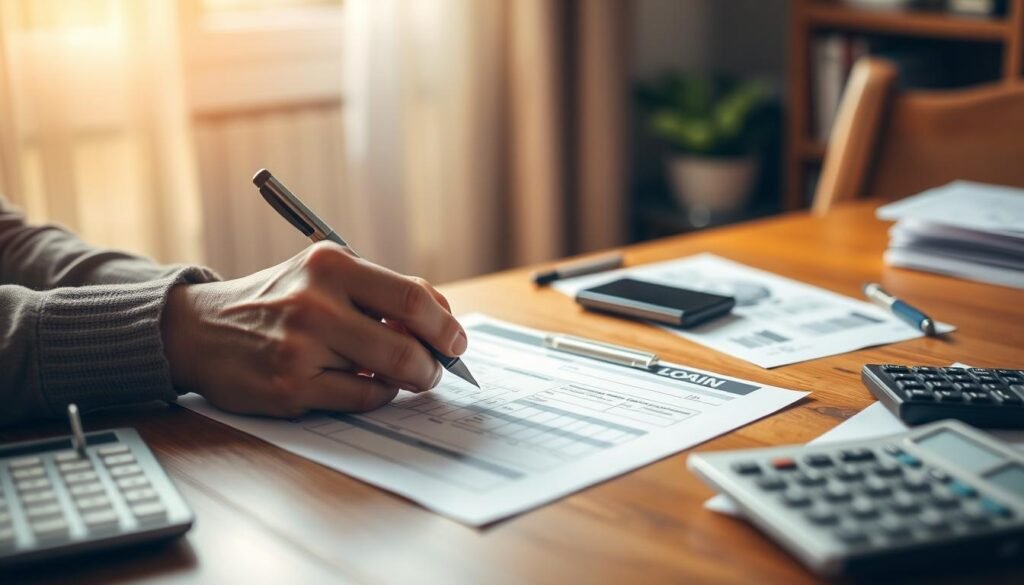 A close-up shot of a person's hands filling out a loan application form on a wooden desk. The desk is illuminated by warm, natural lighting from a window. Scattered around the desk are a pen, a calculator, and a stack of financial documents. The background is slightly blurred, but suggests a cozy, home office environment. The expression on the person's face conveys a sense of focused determination as they carefully review the loan details. The overall mood is one of quiet confidence and personal financial empowerment. A close-up shot of a person's hands filling out a loan application form on a wooden desk. The desk is illuminated by warm, natural lighting from a window. Scattered around the desk are a pen, a calculator, and a stack of financial documents. The background is slightly blurred, but suggests a cozy, home office environment. The expression on the person's face conveys a sense of focused determination as they carefully review the loan details. The overall mood is one of quiet confidence and personal financial empowerment.