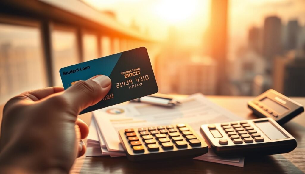 A colorful, dynamic composition depicting a person paying student loans using a credit card. In the foreground, a hand holds a credit card, the numbers clearly visible. In the middle ground, a stack of student loan documents and a calculator, symbolizing the financial burden. The background features a blurred cityscape, hinting at the broader economic landscape. Warm, golden lighting creates a sense of urgency and importance, while a slightly tilted camera angle adds visual interest. The overall mood conveys the complex interplay between debt management and financial strategies. A colorful, dynamic composition depicting a person paying student loans using a credit card. In the foreground, a hand holds a credit card, the numbers clearly visible. In the middle ground, a stack of student loan documents and a calculator, symbolizing the financial burden. The background features a blurred cityscape, hinting at the broader economic landscape. Warm, golden lighting creates a sense of urgency and importance, while a slightly tilted camera angle adds visual interest. The overall mood conveys the complex interplay between debt management and financial strategies.