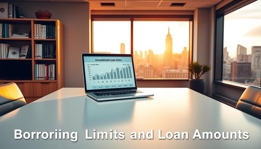 A contemporary office setting, with a large desk at the center. On the desk, a laptop displays financial data and graphs, reflecting the concept of "unsubsidized loan limits." The background features a wall-mounted bookshelf filled with financial publications and a window overlooking a bustling city skyline, bathed in warm, golden-hour lighting. The scene conveys a sense of professional expertise and financial analysis, perfectly suited to illustrate the "Borrowing Limits and Loan Amounts" section of the article. A contemporary office setting, with a large desk at the center. On the desk, a laptop displays financial data and graphs, reflecting the concept of "unsubsidized loan limits." The background features a wall-mounted bookshelf filled with financial publications and a window overlooking a bustling city skyline, bathed in warm, golden-hour lighting. The scene conveys a sense of professional expertise and financial analysis, perfectly suited to illustrate the "Borrowing Limits and Loan Amounts" section of the article.