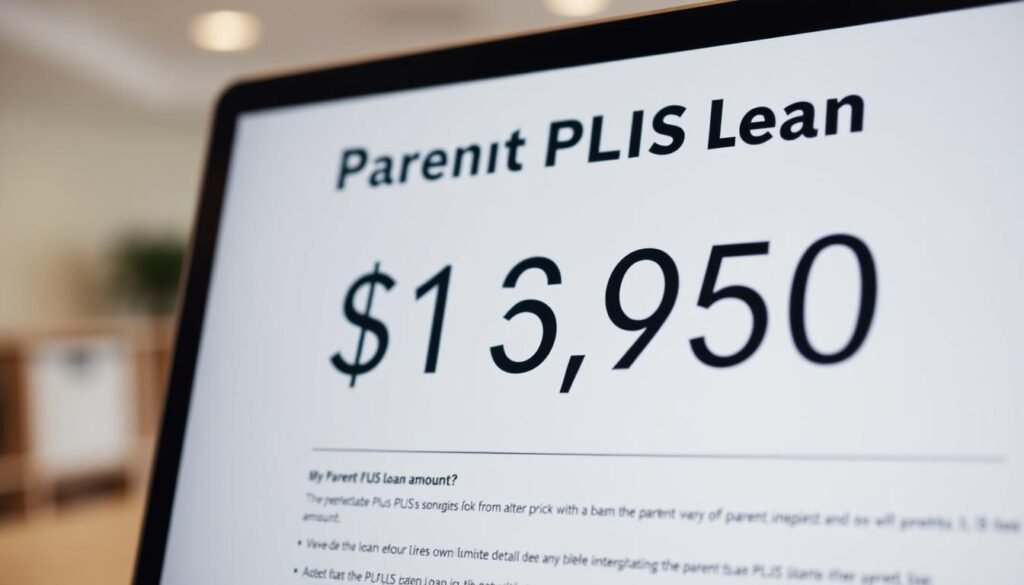 A crisp, clean image of a parent PLUS loan amount displayed on a digital screen or document. The screen is backlit with a warm, soft light, casting a gentle glow. The background is a blurred, minimalist office or financial setting, suggesting a professional, authoritative context. The loan amount is prominently featured, displayed in clear, legible numerals against a neutral, uncluttered backdrop, drawing the viewer's attention to the key financial information. The overall composition conveys a sense of clarity, precision, and the importance of understanding the details of a parent PLUS loan. A crisp, clean image of a parent PLUS loan amount displayed on a digital screen or document. The screen is backlit with a warm, soft light, casting a gentle glow. The background is a blurred, minimalist office or financial setting, suggesting a professional, authoritative context. The loan amount is prominently featured, displayed in clear, legible numerals against a neutral, uncluttered backdrop, drawing the viewer's attention to the key financial information. The overall composition conveys a sense of clarity, precision, and the importance of understanding the details of a parent PLUS loan.