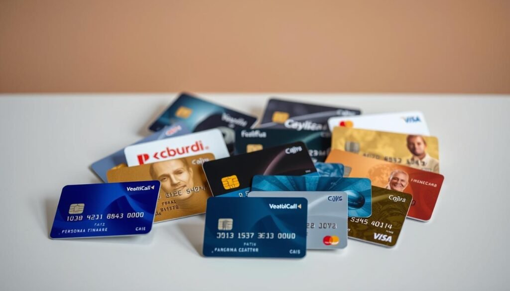 A crisp, high-quality image of a variety of credit cards displayed on a sleek, modern surface. The cards are arranged in an aesthetically pleasing layout, showcasing their various designs, logos, and features. The lighting is soft and diffused, creating a warm, inviting atmosphere. The background is a muted, neutral color that allows the cards to take center stage. The camera angle is slightly elevated, providing a clear, unobstructed view of the cards. The overall composition and styling convey a sense of sophistication, financial security, and personal finance options. A crisp, high-quality image of a variety of credit cards displayed on a sleek, modern surface. The cards are arranged in an aesthetically pleasing layout, showcasing their various designs, logos, and features. The lighting is soft and diffused, creating a warm, inviting atmosphere. The background is a muted, neutral color that allows the cards to take center stage. The camera angle is slightly elevated, providing a clear, unobstructed view of the cards. The overall composition and styling convey a sense of sophistication, financial security, and personal finance options.