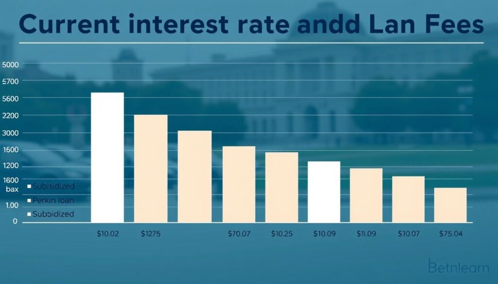 A detailed bar chart showcasing current interest rates for subsidized student loans. The foreground features a row of loan types, such as Direct Subsidized, Perkins, and PLUS loans, with their corresponding interest rates prominently displayed in a clean, data-driven layout. The middle ground depicts a well-balanced composition with neutral-toned bars and grid lines, creating a sense of organization and clarity. The background features a subtle, blurred cityscape or academic campus setting, hinting at the educational context. The overall aesthetic is professional, informative, and visually engaging, reflecting the subject matter of the "Current Interest Rates and Loan Fees" section.