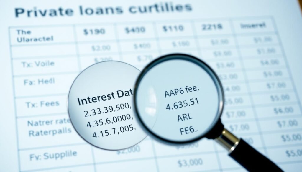 A detailed chart displaying interest rates, APR, and fees associated with private loans. The foreground features a magnifying glass highlighting the key financial figures, with a clean, minimalist background showcasing the data in an organized, easy-to-understand layout. The lighting is soft and natural, creating a sense of professionalism and clarity. The angle is slightly tilted to draw the viewer's eye towards the critical information. The overall mood is one of informed financial transparency, conveying the importance of understanding the true costs of private loans. A detailed chart displaying interest rates, APR, and fees associated with private loans. The foreground features a magnifying glass highlighting the key financial figures, with a clean, minimalist background showcasing the data in an organized, easy-to-understand layout. The lighting is soft and natural, creating a sense of professionalism and clarity. The angle is slightly tilted to draw the viewer's eye towards the critical information. The overall mood is one of informed financial transparency, conveying the importance of understanding the true costs of private loans.