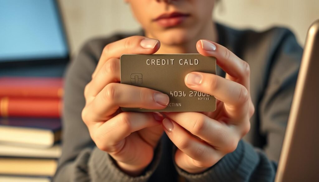 A detailed close-up of a student's hands holding a credit card, with a stack of books and a laptop in the background. The scene is illuminated by soft, warm lighting, creating a contemplative and focused atmosphere. The credit card's surface reflects the student's expression, conveying a mix of determination and uncertainty about the impact of student loans on their financial future. The background elements suggest the academic context, while the central focus on the hands and credit card symbolizes the personal and financial considerations at play.