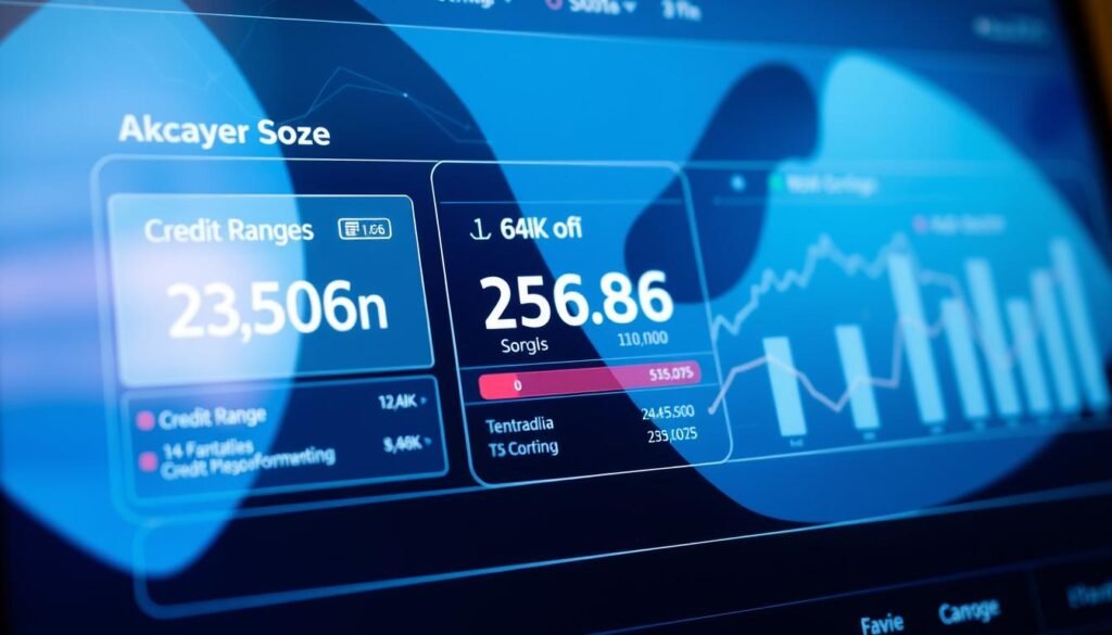 A detailed close-up of credit scores presented on a sleek, modern dashboard. The foreground features a transparent, holographic-style interface displaying various credit metrics, credit ranges, and scoring factors with crisp, data-rich visualizations. The middle ground showcases a background of abstract shapes and lines in shades of blue, evoking the digital, technological nature of credit and finance. Soft, directional lighting from the left casts subtle shadows, creating depth and emphasizing the clean, minimalist aesthetic. The overall mood is one of clarity, precision, and financial empowerment, reflecting the tools available to understand and manage one's credit health. A detailed close-up of credit scores presented on a sleek, modern dashboard. The foreground features a transparent, holographic-style interface displaying various credit metrics, credit ranges, and scoring factors with crisp, data-rich visualizations. The middle ground showcases a background of abstract shapes and lines in shades of blue, evoking the digital, technological nature of credit and finance. Soft, directional lighting from the left casts subtle shadows, creating depth and emphasizing the clean, minimalist aesthetic. The overall mood is one of clarity, precision, and financial empowerment, reflecting the tools available to understand and manage one's credit health.