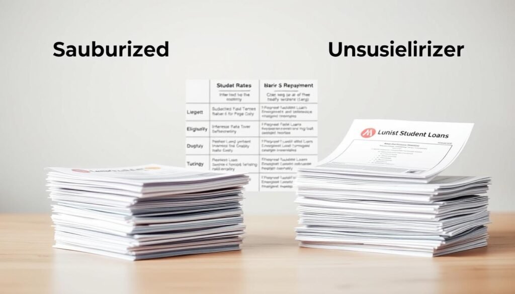 A detailed comparison of subsidized and unsubsidized student loans presented in a clean, informative manner. In the foreground, two stacks of loan documents with distinct labels and icons to visually differentiate the two loan types. In the middle ground, a chart or graph highlighting the key differences such as interest rates, eligibility, and repayment options. The background is a subtle, neutral palette with soft lighting to keep the focus on the central visual elements. The overall mood is professional, educational, and designed to effectively convey the subject matter to the reader. A detailed comparison of subsidized and unsubsidized student loans presented in a clean, informative manner. In the foreground, two stacks of loan documents with distinct labels and icons to visually differentiate the two loan types. In the middle ground, a chart or graph highlighting the key differences such as interest rates, eligibility, and repayment options. The background is a subtle, neutral palette with soft lighting to keep the focus on the central visual elements. The overall mood is professional, educational, and designed to effectively convey the subject matter to the reader.