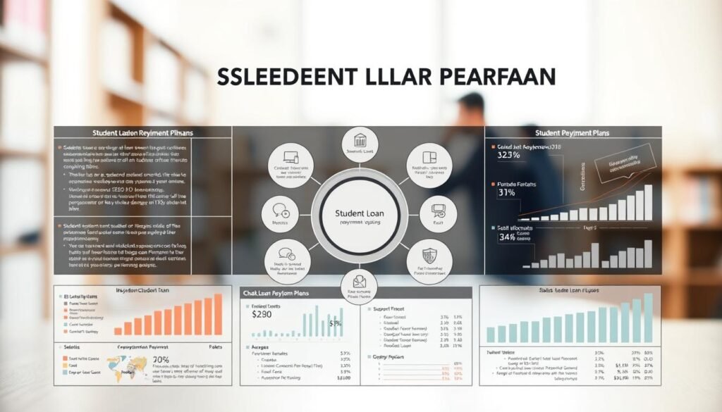A detailed financial chart depicting various student loan repayment plans, rendered in a clean, professional style. The foreground features a central diagram showcasing different repayment options, with clear icons and infographics. The middle ground includes supporting financial data, graphs, and tables, all presented in a visually engaging manner. The background subtly suggests an academic setting, with a blurred bookshelf or university campus in the distance, creating a sense of context. The overall lighting is soft and even, with a neutral color palette that conveys a serious, informative tone. The composition is balanced, guiding the viewer's eye through the key elements of student loan management. A detailed financial chart depicting various student loan repayment plans, rendered in a clean, professional style. The foreground features a central diagram showcasing different repayment options, with clear icons and infographics. The middle ground includes supporting financial data, graphs, and tables, all presented in a visually engaging manner. The background subtly suggests an academic setting, with a blurred bookshelf or university campus in the distance, creating a sense of context. The overall lighting is soft and even, with a neutral color palette that conveys a serious, informative tone. The composition is balanced, guiding the viewer's eye through the key elements of student loan management.