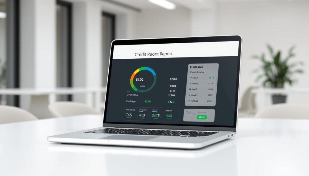 A detailed, high-quality 3D render of a credit score report displayed on a sleek, modern laptop screen. The report shows a numeric credit score, along with key factors that influence it, such as payment history, credit utilization, and credit age. The laptop is placed on a minimalist desk, with a clean, well-lit office environment in the background, conveying a professional, authoritative atmosphere. The image is shot from a slightly elevated angle, using a shallow depth of field to focus attention on the credit report screen. A detailed, high-quality 3D render of a credit score report displayed on a sleek, modern laptop screen. The report shows a numeric credit score, along with key factors that influence it, such as payment history, credit utilization, and credit age. The laptop is placed on a minimalist desk, with a clean, well-lit office environment in the background, conveying a professional, authoritative atmosphere. The image is shot from a slightly elevated angle, using a shallow depth of field to focus attention on the credit report screen.