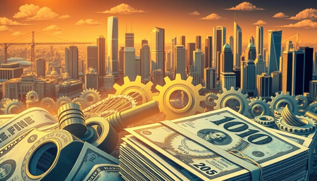 A detailed illustration of interest rates, depicted as a vibrant financial landscape. In the foreground, a stack of currency notes with fluctuating interest rates printed on them, conveying the dynamic nature of lending costs. In the middle ground, a network of interconnected gears and cogs, symbolizing the complex mechanisms that govern interest rate determination. In the background, a cityscape with towering skyscrapers, representing the broader economic environment that influences interest rates. The scene is illuminated by a warm, golden lighting, creating a sense of stability and trust. The overall composition captures the multifaceted aspects of interest rates, essential for understanding the costs associated with obtaining a loan. A detailed illustration of interest rates, depicted as a vibrant financial landscape. In the foreground, a stack of currency notes with fluctuating interest rates printed on them, conveying the dynamic nature of lending costs. In the middle ground, a network of interconnected gears and cogs, symbolizing the complex mechanisms that govern interest rate determination. In the background, a cityscape with towering skyscrapers, representing the broader economic environment that influences interest rates. The scene is illuminated by a warm, golden lighting, creating a sense of stability and trust. The overall composition captures the multifaceted aspects of interest rates, essential for understanding the costs associated with obtaining a loan.