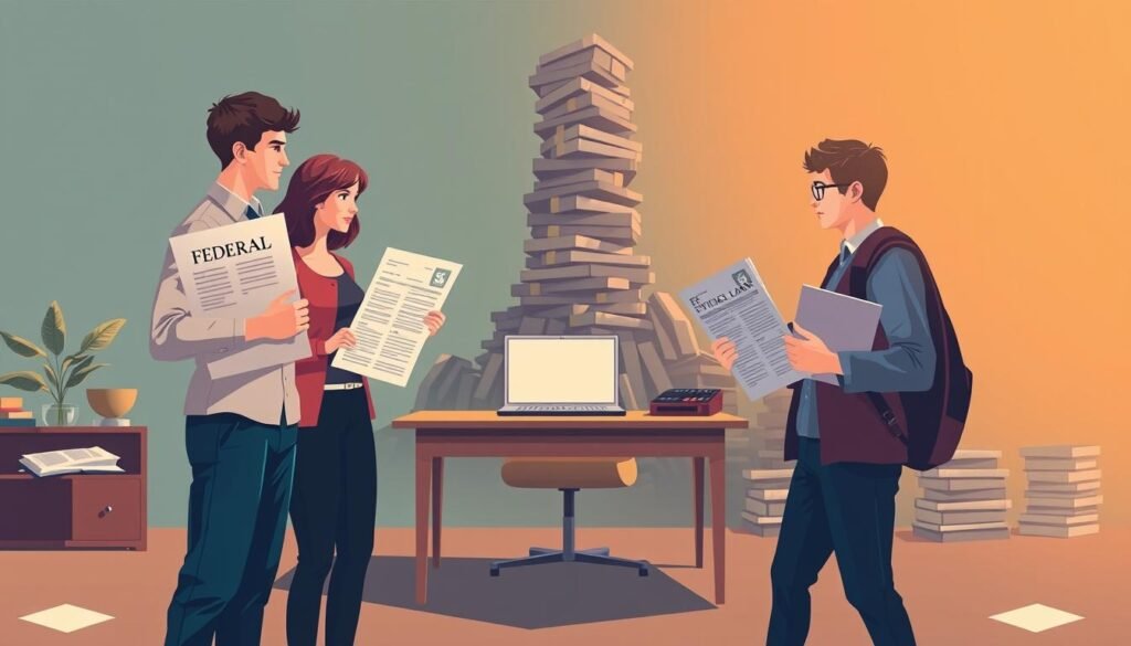 A detailed illustration showcasing the key differences between federal student loans and private student loans. In the foreground, two students stand facing each other, one holding federal loan documents, the other clutching private loan papers. The federal loans are depicted in a warm, earthy palette, while the private loans are rendered in a cooler, more clinical tone. In the middle ground, a desk with a laptop and calculator represents the financial analysis and decision-making process. In the background, a towering column of debt represents the looming financial burden. The lighting is dramatic, with strong shadows and highlights to convey the gravity of the situation. The overall mood is one of contemplation and the weight of educational financing choices. A detailed illustration showcasing the key differences between federal student loans and private student loans. In the foreground, two students stand facing each other, one holding federal loan documents, the other clutching private loan papers. The federal loans are depicted in a warm, earthy palette, while the private loans are rendered in a cooler, more clinical tone. In the middle ground, a desk with a laptop and calculator represents the financial analysis and decision-making process. In the background, a towering column of debt represents the looming financial burden. The lighting is dramatic, with strong shadows and highlights to convey the gravity of the situation. The overall mood is one of contemplation and the weight of educational financing choices.