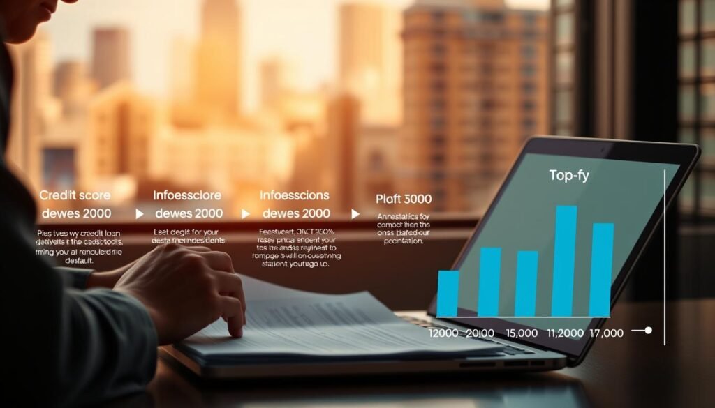 A detailed timeline illustrating the process of credit score recovery after student loan default. In the foreground, a person reviewing documents and calculations on a laptop, depicting the steps to rehabilitate their credit. The middle ground shows a bar chart visualizing the gradual improvement of their credit score over time. In the background, a blurred cityscape with buildings representing the broader financial landscape. Warm lighting casts a hopeful glow, conveying a sense of progress and determination. Realistic, cinematic style with a shallow depth of field, emphasizing the central narrative.