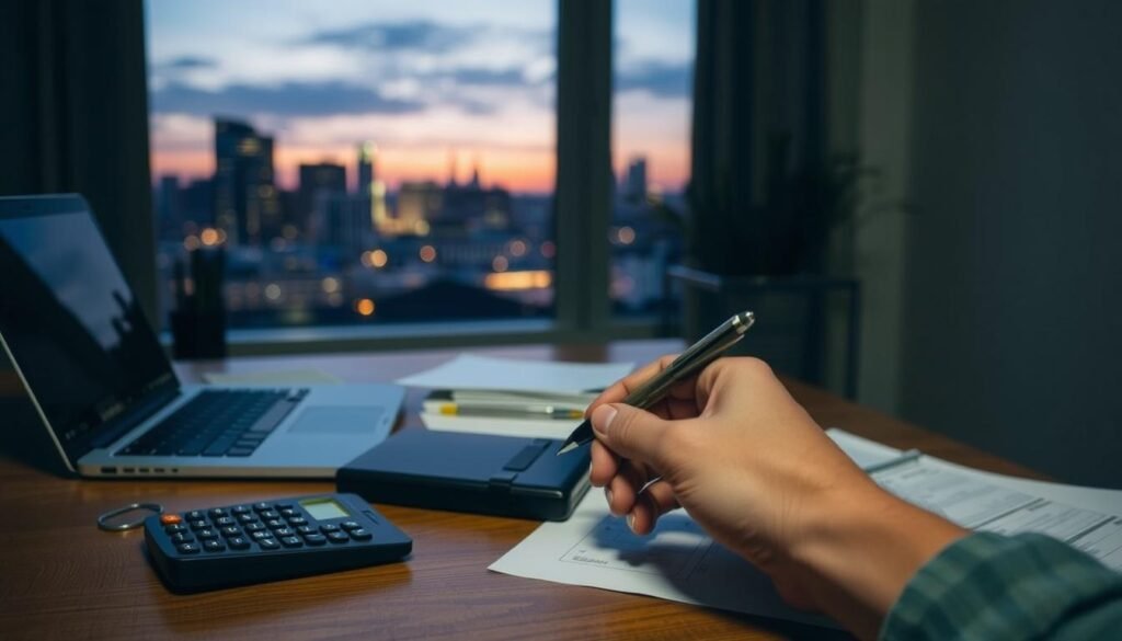 A dimly lit home office with a laptop, papers, and a calculator on a wooden desk. In the foreground, a person's hands holding a pen, with a calculator and documents visible. In the background, a window with a view of a city skyline at dusk, softly illuminated. The scene conveys a sense of focus and attention to financial matters, with the student loan interest deduction as the central subject. A dimly lit home office with a laptop, papers, and a calculator on a wooden desk. In the foreground, a person's hands holding a pen, with a calculator and documents visible. In the background, a window with a view of a city skyline at dusk, softly illuminated. The scene conveys a sense of focus and attention to financial matters, with the student loan interest deduction as the central subject.