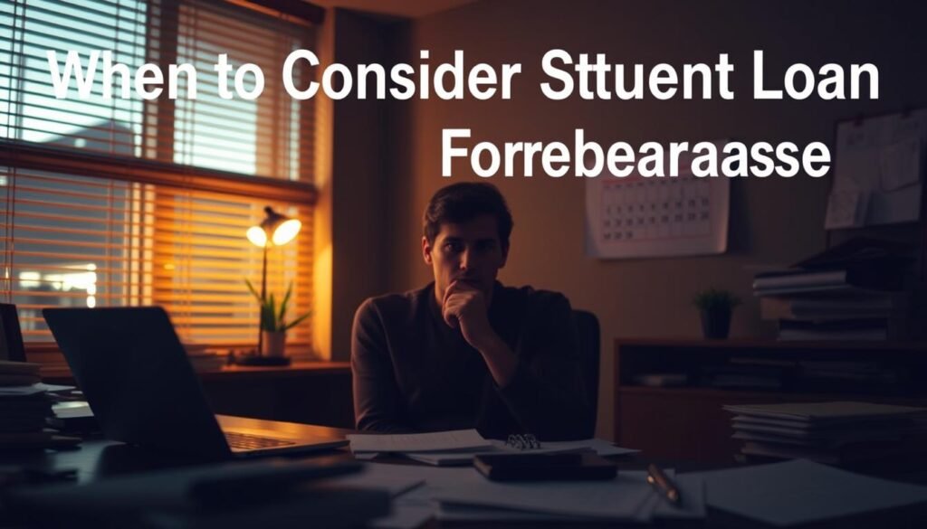 A dimly lit office interior, with warm, muted lighting filtering through the window blinds. In the foreground, a desk with scattered documents and a laptop, suggesting the administrative aspects of student loan management. The middle ground features a thoughtful-looking person, their face half-obscured, contemplating their options. The background subtly hints at a sense of financial uncertainty, with subtle visual metaphors such as a calendar page marked with the date of an upcoming payment or a stack of envelopes. The overall atmosphere is one of contemplation and the weight of financial decisions, capturing the essence of the "When to Consider Student Loan Forbearance" section. A dimly lit office interior, with warm, muted lighting filtering through the window blinds. In the foreground, a desk with scattered documents and a laptop, suggesting the administrative aspects of student loan management. The middle ground features a thoughtful-looking person, their face half-obscured, contemplating their options. The background subtly hints at a sense of financial uncertainty, with subtle visual metaphors such as a calendar page marked with the date of an upcoming payment or a stack of envelopes. The overall atmosphere is one of contemplation and the weight of financial decisions, capturing the essence of the "When to Consider Student Loan Forbearance" section.
