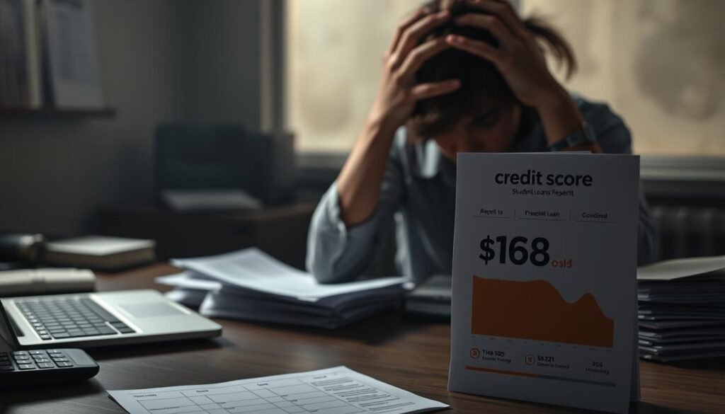 A dimly lit office setting, a student's desk with a laptop, papers, and a calculator. In the foreground, a credit score report displayed prominently, showing a declining number. The middle ground features a worried-looking student, hands on their head, surrounded by stacks of bills and loan documents. The background is hazy, conveying a sense of anxiety and financial burden. Moody lighting, with shadows cast across the scene, emphasizes the negative impact of student loans on credit score. A realistic, photorealistic style with a touch of melancholy.