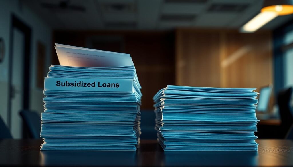A high-contrast, cinematic image of two stacks of loan documents, one labeled "Subsidized Loans" and the other "Unsubsidized Loans". The subsidized stack is taller and has a warm, golden glow, while the unsubsidized stack is smaller and has a cooler, blue-tinged lighting. The background is a blurred, out-of-focus office setting, with a sense of depth and perspective. The overall mood is one of clear visual distinction between the two loan types, highlighting their key differences.