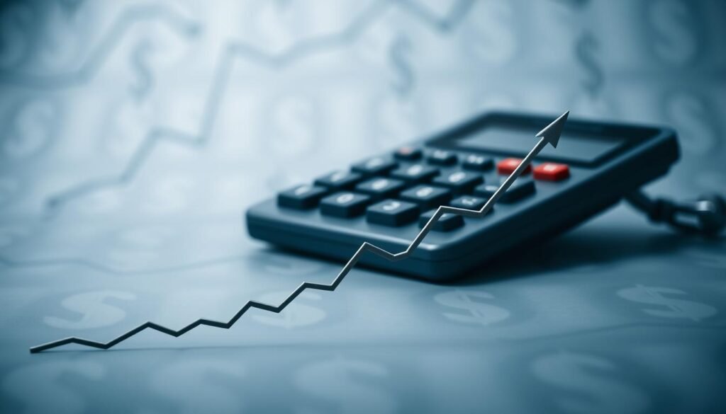 A high-quality image of interest rates for a personal finance article. A clean and modern design with a focus on numerals, charts, and financial symbols. The foreground features a simple line chart with rising interest rate indicators, while the middle ground showcases a calculator or other financial tool. The background has a subtle pattern of dollar signs or other financial motifs, creating a professional and authoritative atmosphere. Muted colors like blues, grays, and metallics convey a sense of stability and reliability. The lighting is soft and even, with a slightly cool tone. The camera angle is head-on, giving the impression of a direct, informative perspective. A high-quality image of interest rates for a personal finance article. A clean and modern design with a focus on numerals, charts, and financial symbols. The foreground features a simple line chart with rising interest rate indicators, while the middle ground showcases a calculator or other financial tool. The background has a subtle pattern of dollar signs or other financial motifs, creating a professional and authoritative atmosphere. Muted colors like blues, grays, and metallics convey a sense of stability and reliability. The lighting is soft and even, with a slightly cool tone. The camera angle is head-on, giving the impression of a direct, informative perspective.