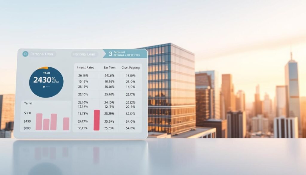 A high-resolution 3D rendering of personal loan interest rates displayed on a modern banking interface. In the foreground, a clean and minimalist dashboard shows various interest rate percentages and loan terms. The middle ground features a glass-and-steel office building representing a financial institution, bathed in warm, directional lighting. The background depicts a bustling cityscape with skyscrapers, conveying a sense of financial and economic activity. The overall scene has a sleek, contemporary aesthetic, reflecting the professionalism and reliability of personal loan providers. A high-resolution 3D rendering of personal loan interest rates displayed on a modern banking interface. In the foreground, a clean and minimalist dashboard shows various interest rate percentages and loan terms. The middle ground features a glass-and-steel office building representing a financial institution, bathed in warm, directional lighting. The background depicts a bustling cityscape with skyscrapers, conveying a sense of financial and economic activity. The overall scene has a sleek, contemporary aesthetic, reflecting the professionalism and reliability of personal loan providers.