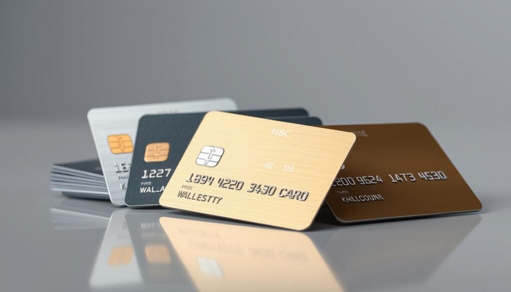 A high-resolution image of an assortment of credit cards, including classic plastic cards with metallic trims, positioned on a sleek, reflective surface. The cards should be photographed at a slight angle, creating a sense of depth and dimension. The lighting should be soft and diffused, highlighting the sheen and texture of the cards. The background should be minimalist, with a muted color palette that complements the cards without distracting from them. The overall mood should convey a sense of financial stability, accessibility, and modern design. A high-resolution image of an assortment of credit cards, including classic plastic cards with metallic trims, positioned on a sleek, reflective surface. The cards should be photographed at a slight angle, creating a sense of depth and dimension. The lighting should be soft and diffused, highlighting the sheen and texture of the cards. The background should be minimalist, with a muted color palette that complements the cards without distracting from them. The overall mood should convey a sense of financial stability, accessibility, and modern design.