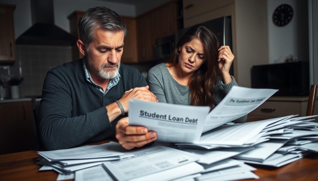 A married couple sitting at a kitchen table, deeply engrossed in paperwork and documents. The husband's brow is furrowed in concern as he reviews stack of student loan statements. The wife's expression is one of worry, her hand gently resting on his arm in a gesture of support. The kitchen is dimly lit, creating a somber, pensive atmosphere, underscoring the gravity of their financial situation. The scene is framed from an angle that emphasizes the overwhelming paperwork, conveying the sense of being buried under the weight of student debt. Soft, muted tones predominate, with shadows and highlights that add depth and a sense of melancholy to the composition. A married couple sitting at a kitchen table, deeply engrossed in paperwork and documents. The husband's brow is furrowed in concern as he reviews stack of student loan statements. The wife's expression is one of worry, her hand gently resting on his arm in a gesture of support. The kitchen is dimly lit, creating a somber, pensive atmosphere, underscoring the gravity of their financial situation. The scene is framed from an angle that emphasizes the overwhelming paperwork, conveying the sense of being buried under the weight of student debt. Soft, muted tones predominate, with shadows and highlights that add depth and a sense of melancholy to the composition.