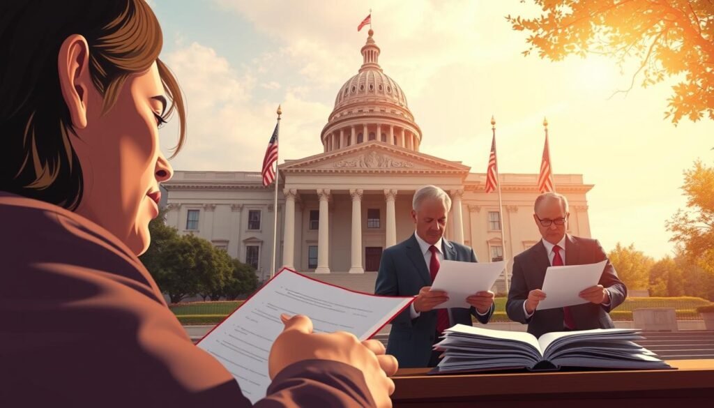 A meticulously detailed illustration of the federal student loan discharge process, captured through a wide, high-angle lens. The foreground depicts a person submitting paperwork, their expression one of relief and hope. The middle ground showcases government officials carefully reviewing documents, their faces conveying a sense of diligence and professionalism. In the background, a stately government building stands tall, its grand architecture and American flags evoking a sense of authority and stability. The scene is bathed in warm, natural lighting, creating a comforting and reassuring atmosphere. The overall composition conveys the complexity and gravity of the student loan discharge process, while instilling a sense of trust in the system. A meticulously detailed illustration of the federal student loan discharge process, captured through a wide, high-angle lens. The foreground depicts a person submitting paperwork, their expression one of relief and hope. The middle ground showcases government officials carefully reviewing documents, their faces conveying a sense of diligence and professionalism. In the background, a stately government building stands tall, its grand architecture and American flags evoking a sense of authority and stability. The scene is bathed in warm, natural lighting, creating a comforting and reassuring atmosphere. The overall composition conveys the complexity and gravity of the student loan discharge process, while instilling a sense of trust in the system.
