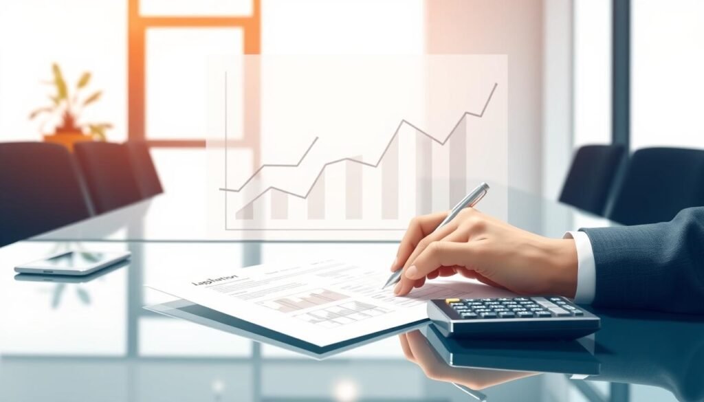 A modern and minimalist illustration of a personal loan application process. In the foreground, a person's hands are filling out a loan application form on a sleek glass or metal desk, with a pen and a calculator nearby. The middle ground features an abstract financial graph or chart, symbolizing the analytical and decision-making aspects of the loan process. The background is a clean, contemporary office setting with large windows, allowing natural light to create a warm, professional atmosphere. The overall mood is one of efficiency, attention to detail, and a sense of financial responsibility.