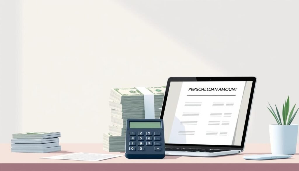 A modern and minimalist illustration showcasing various personal loan amounts. In the foreground, a clean desktop scene with a laptop, calculator, and loan documentation. The middle ground features stacks of currency bills in different denominations, conveying the concept of loan sums. The background has a soft, out-of-focus gradient that evokes a sense of financial security and stability. The lighting is natural and diffused, creating a calm, professional atmosphere. The overall composition is balanced and visually appealing, designed to effectively communicate the "Loan amounts, terms, and choosing the right structure" section of the article. A modern and minimalist illustration showcasing various personal loan amounts. In the foreground, a clean desktop scene with a laptop, calculator, and loan documentation. The middle ground features stacks of currency bills in different denominations, conveying the concept of loan sums. The background has a soft, out-of-focus gradient that evokes a sense of financial security and stability. The lighting is natural and diffused, creating a calm, professional atmosphere. The overall composition is balanced and visually appealing, designed to effectively communicate the "Loan amounts, terms, and choosing the right structure" section of the article.