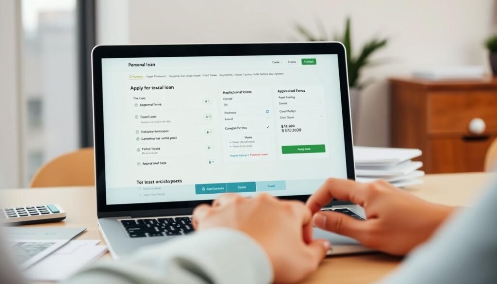 A modern and sleek personal loan application displayed on a laptop screen, set against a warm, inviting backdrop. The laptop screen shows a clean interface with easy-to-navigate loan options, application forms, and approval status. In the middle ground, a person's hands are typing on the keyboard, conveying the process of applying for a personal loan. The background features a soft, blurred office setting, with hints of financial documents and a calculator, suggesting the professional context of personal financing. The overall scene exudes a sense of simplicity, efficiency, and accessibility, reflecting the approachability of personal loans, even for those with no credit history. A modern and sleek personal loan application displayed on a laptop screen, set against a warm, inviting backdrop. The laptop screen shows a clean interface with easy-to-navigate loan options, application forms, and approval status. In the middle ground, a person's hands are typing on the keyboard, conveying the process of applying for a personal loan. The background features a soft, blurred office setting, with hints of financial documents and a calculator, suggesting the professional context of personal financing. The overall scene exudes a sense of simplicity, efficiency, and accessibility, reflecting the approachability of personal loans, even for those with no credit history.