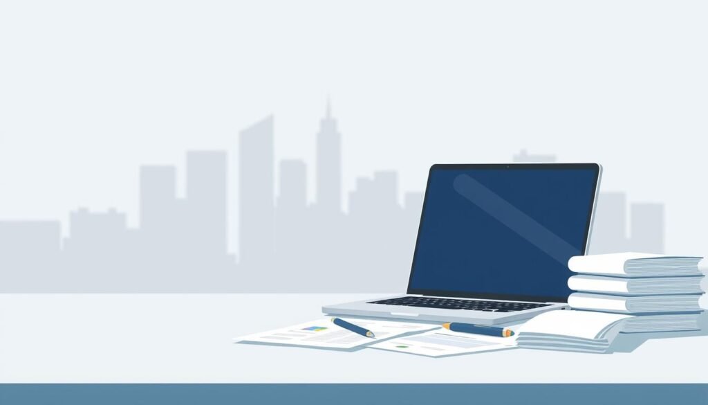 A modern, minimalist illustration depicting the filing status concept. In the foreground, a simple, clean desk scene with a laptop, a pen, and financial documents neatly organized. The background features a subtle, blurred cityscape with skyscrapers, suggesting the professional, corporate context. The lighting is soft and diffused, creating a calming, focused atmosphere. The composition emphasizes balance, symmetry, and a sense of order, reflecting the orderly nature of tax filing. The color palette is subdued, with shades of gray, blue, and white, creating a professional, serious tone. A modern, minimalist illustration depicting the filing status concept. In the foreground, a simple, clean desk scene with a laptop, a pen, and financial documents neatly organized. The background features a subtle, blurred cityscape with skyscrapers, suggesting the professional, corporate context. The lighting is soft and diffused, creating a calming, focused atmosphere. The composition emphasizes balance, symmetry, and a sense of order, reflecting the orderly nature of tax filing. The color palette is subdued, with shades of gray, blue, and white, creating a professional, serious tone.