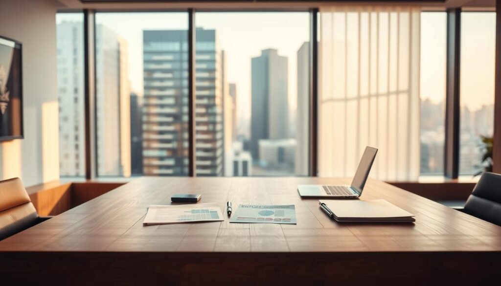 A modern, minimalistic office interior with a large wooden desk in the foreground. On the desk, there are several documents, a laptop, and a pen. The background features a large window overlooking a cityscape, with a warm, natural lighting filtering through. The mood is one of productivity and focus, conveying the professionalism and simplicity of business term loans. A modern, minimalistic office interior with a large wooden desk in the foreground. On the desk, there are several documents, a laptop, and a pen. The background features a large window overlooking a cityscape, with a warm, natural lighting filtering through. The mood is one of productivity and focus, conveying the professionalism and simplicity of business term loans.