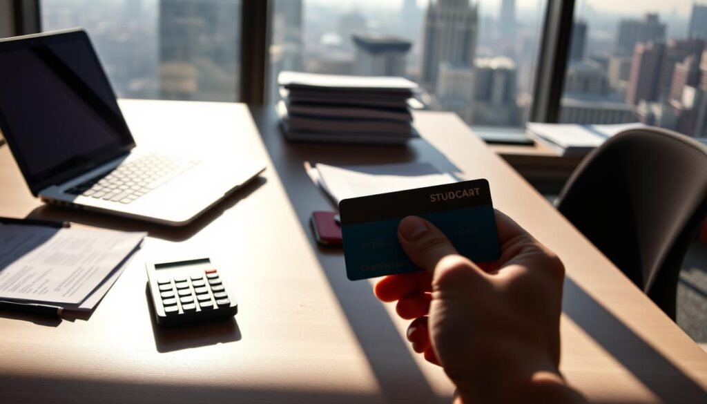 A modern office desk with a laptop, calculator, and stacks of documents, casting long shadows under bright, directional lighting. In the foreground, a student's hand holds a credit card, contrasting the financial implications of federal and private student loans. The background blurs into a hazy cityscape, symbolizing the far-reaching impact of educational debt on one's financial future.