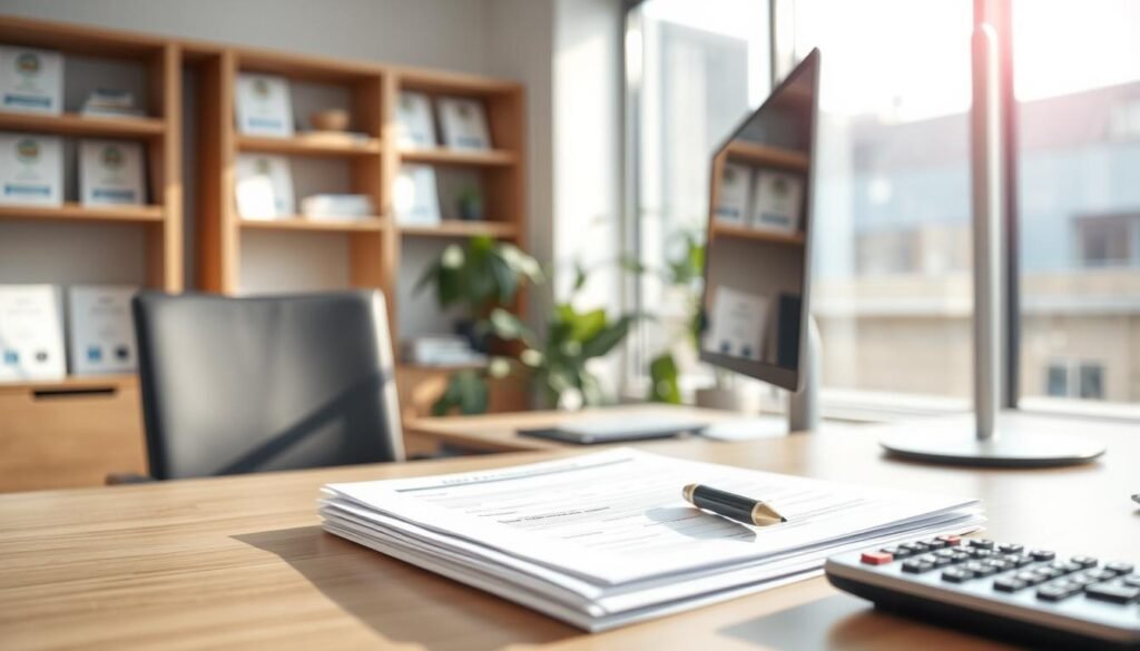 A modern office interior with a desk, computer, and paperwork representing a subsidized loan application process. Soft, natural lighting filters through large windows, casting a warm, professional atmosphere. The desk is neatly organized, with a stack of application forms, a pen, and a calculator. A pen hovers over the forms, mid-application. The background features shelves with financial documents and a plant, conveying a sense of institutional authority and attention to detail. The overall scene suggests a seamless, streamlined application experience for the borrower. A modern office interior with a desk, computer, and paperwork representing a subsidized loan application process. Soft, natural lighting filters through large windows, casting a warm, professional atmosphere. The desk is neatly organized, with a stack of application forms, a pen, and a calculator. A pen hovers over the forms, mid-application. The background features shelves with financial documents and a plant, conveying a sense of institutional authority and attention to detail. The overall scene suggests a seamless, streamlined application experience for the borrower.
