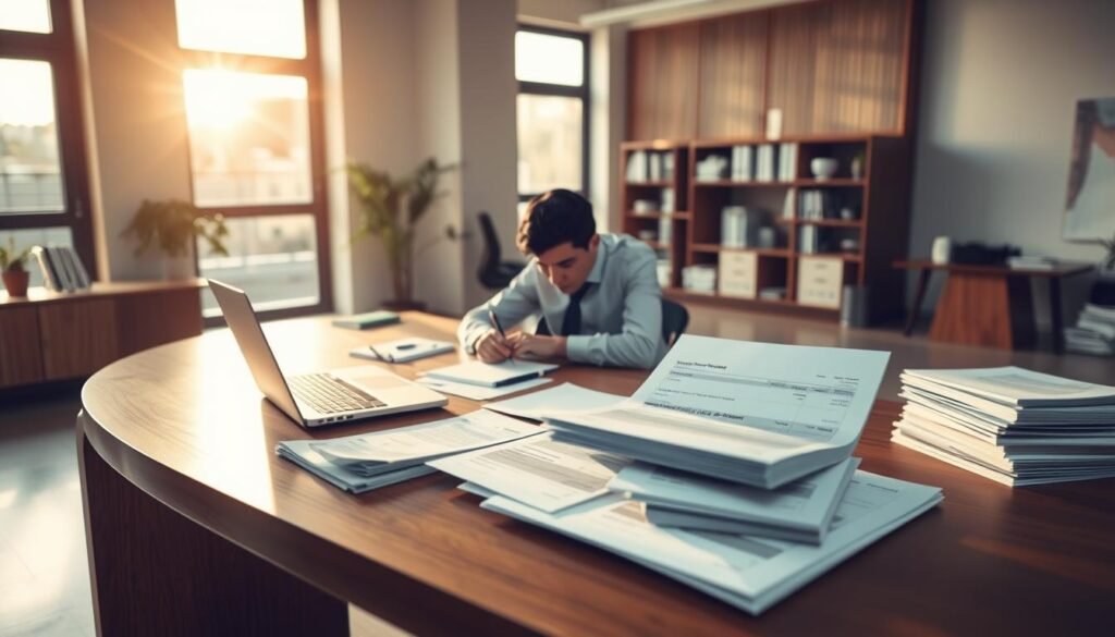 A modern office interior with a large wooden desk, a laptop, and stacks of invoices and financial documents. The lighting is warm and natural, with sunlight streaming in through a window. In the foreground, a business person sits at the desk, reviewing a merchant cash advance or invoice financing contract. The atmosphere is one of professionalism and focused work, conveying the fast-paced yet costly nature of these financing options. The image should have a clean, minimalist aesthetic that aligns with the section title. A modern office interior with a large wooden desk, a laptop, and stacks of invoices and financial documents. The lighting is warm and natural, with sunlight streaming in through a window. In the foreground, a business person sits at the desk, reviewing a merchant cash advance or invoice financing contract. The atmosphere is one of professionalism and focused work, conveying the fast-paced yet costly nature of these financing options. The image should have a clean, minimalist aesthetic that aligns with the section title.