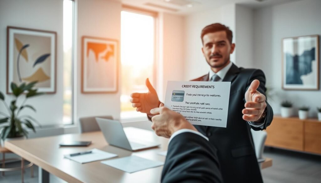 A modern office interior, with a minimalist desk setup featuring a laptop, documents, and a stylized credit card icon. Soft, natural lighting filters through large windows, casting a warm glow across the scene. The walls are adorned with abstract art prints, reflecting a sense of professionalism and sophistication. In the foreground, a businessman's hands gesture towards the credit requirements information displayed on the laptop screen, inviting the viewer to explore the details. The overall atmosphere conveys a sense of authority and financial expertise. A modern office interior, with a minimalist desk setup featuring a laptop, documents, and a stylized credit card icon. Soft, natural lighting filters through large windows, casting a warm glow across the scene. The walls are adorned with abstract art prints, reflecting a sense of professionalism and sophistication. In the foreground, a businessman's hands gesture towards the credit requirements information displayed on the laptop screen, inviting the viewer to explore the details. The overall atmosphere conveys a sense of authority and financial expertise.