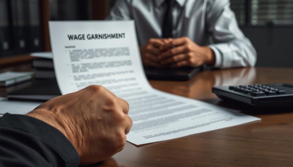 A modern office setting with a formal desk, papers, and a calculator. In the foreground, a person's hands are firmly gripping the edge of the desk, expressing stress and worry. The middle ground features a legal document prominently displayed, its title "Wage Garnishment" clearly visible. The background is slightly blurred, conveying a sense of the person's mental focus being drawn inward. Cool-toned lighting casts subtle shadows, heightening the somber, apprehensive mood. The scene evokes the financial hardship and uncertainty of dealing with the long-term consequences of unpaid student loans. A modern office setting with a formal desk, papers, and a calculator. In the foreground, a person's hands are firmly gripping the edge of the desk, expressing stress and worry. The middle ground features a legal document prominently displayed, its title "Wage Garnishment" clearly visible. The background is slightly blurred, conveying a sense of the person's mental focus being drawn inward. Cool-toned lighting casts subtle shadows, heightening the somber, apprehensive mood. The scene evokes the financial hardship and uncertainty of dealing with the long-term consequences of unpaid student loans.