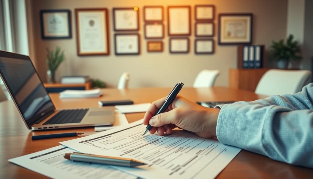 A modern office setting with a wooden desk, a laptop, and some office supplies. In the foreground, a person's hands are filling out a private student loan application form, with various financial documents and a pen nearby. The background features a wall with framed degrees and certificates, conveying an educational and professional atmosphere. The lighting is warm and inviting, creating a sense of focus and productivity. The overall scene suggests the process of securing a private student loan to finance higher education. A modern office setting with a wooden desk, a laptop, and some office supplies. In the foreground, a person's hands are filling out a private student loan application form, with various financial documents and a pen nearby. The background features a wall with framed degrees and certificates, conveying an educational and professional atmosphere. The lighting is warm and inviting, creating a sense of focus and productivity. The overall scene suggests the process of securing a private student loan to finance higher education.