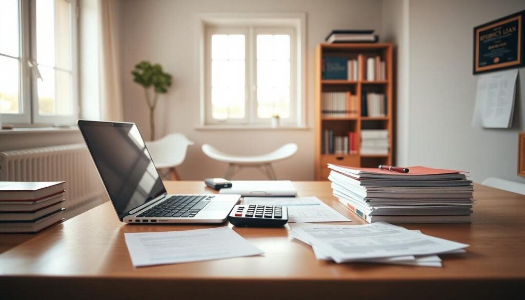 A modern, well-lit home office with a laptop, calculator, and stacks of paperwork on a clean, minimalist wooden desk. A person's hands are typing on the keyboard, focused on the screen. The room is bathed in soft, natural light from large windows, casting a warm glow. In the background, a bookshelf filled with financial guides and a framed diploma hint at the educational and professional setting. The atmosphere conveys a sense of productivity, organization, and the process of carefully reviewing one's student loan options to find the best refinancing solution.