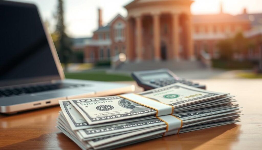 A neatly stacked pile of U.S. dollar bills in the foreground, representing the maximum income limit for the student loan interest deduction. In the middle ground, a laptop and calculator symbolize the financial calculations involved. The background features a blurred, soft-focus image of a university campus, alluding to the educational context. Warm, natural lighting creates a professional, authoritative atmosphere. Captured with a medium-wide angle lens to convey a sense of balance and stability. A neatly stacked pile of U.S. dollar bills in the foreground, representing the maximum income limit for the student loan interest deduction. In the middle ground, a laptop and calculator symbolize the financial calculations involved. The background features a blurred, soft-focus image of a university campus, alluding to the educational context. Warm, natural lighting creates a professional, authoritative atmosphere. Captured with a medium-wide angle lens to convey a sense of balance and stability.
