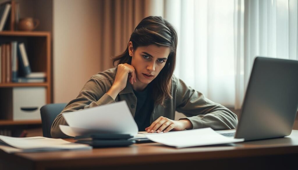 A pensive student sits at a desk, brow furrowed in contemplation, papers and a laptop scattered around them. Warm, muted lighting casts a thoughtful glow, as they consider the weight of their student loan obligations. The background is softly blurred, emphasizing the focus on this critical financial decision. A sense of uncertainty and responsibility permeates the scene, conveying the gravity of the student loan forbearance choice. Captured with a shallow depth of field, the image draws the viewer's attention to the central figure, reflecting the personal nature of this important financial matter.